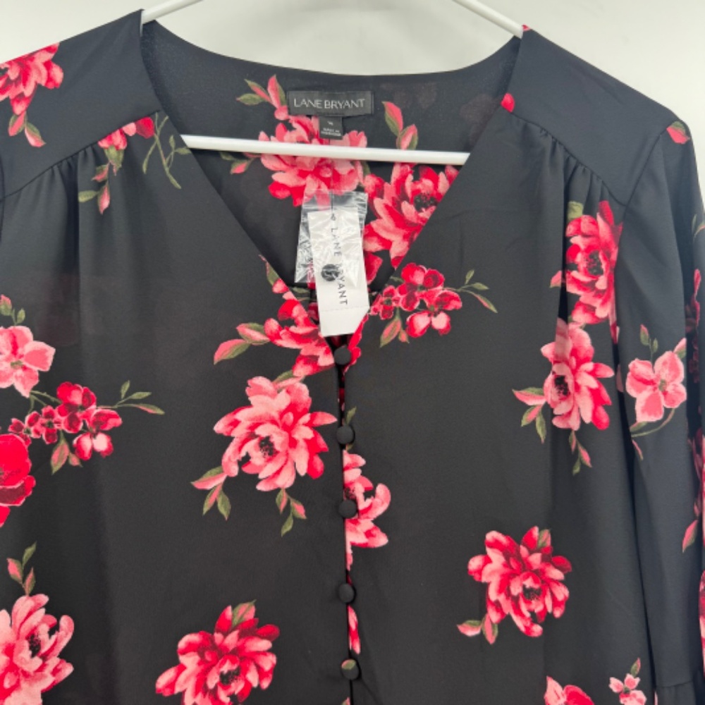 Lane Bryant Top Women 16 NEW Black Pink Floral V Neck Sheer Lightweight Peasant - Picture 5 of 12